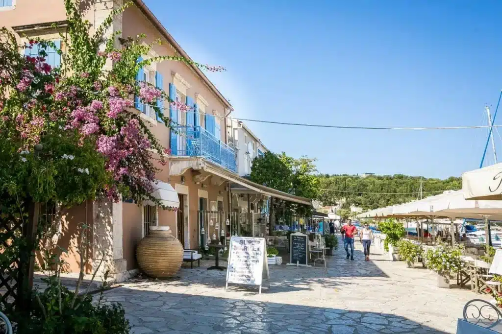 couple walking in the center of Fiscardo